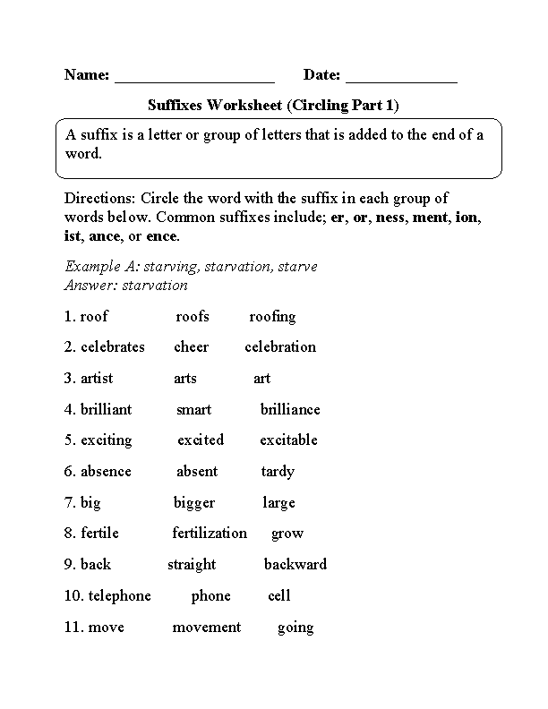 Suffixes Worksheets | Circling Suffixes Worksheet