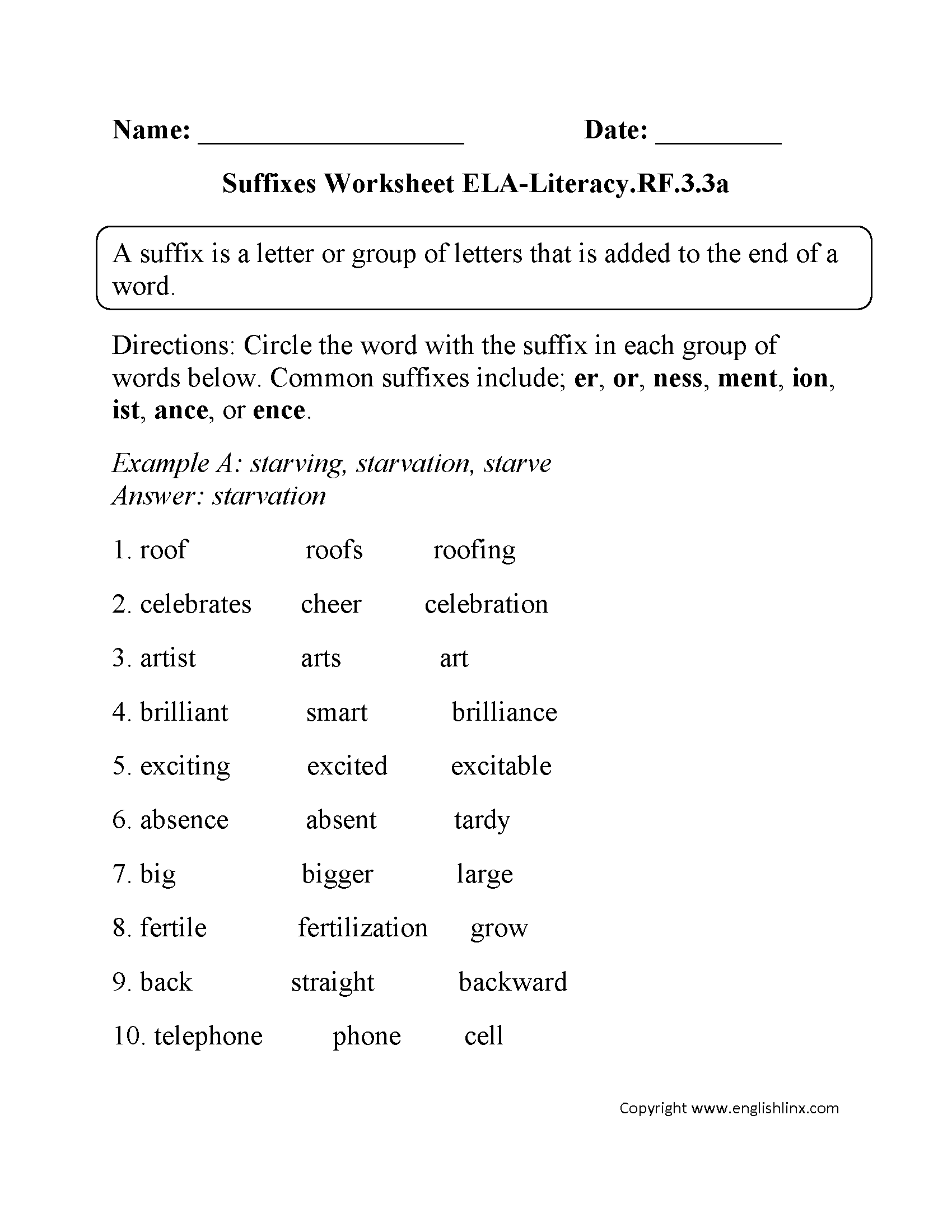 Suffixes Worksheet 1 ELA-Literacy.RF.3.3a Reading Foundational Skills