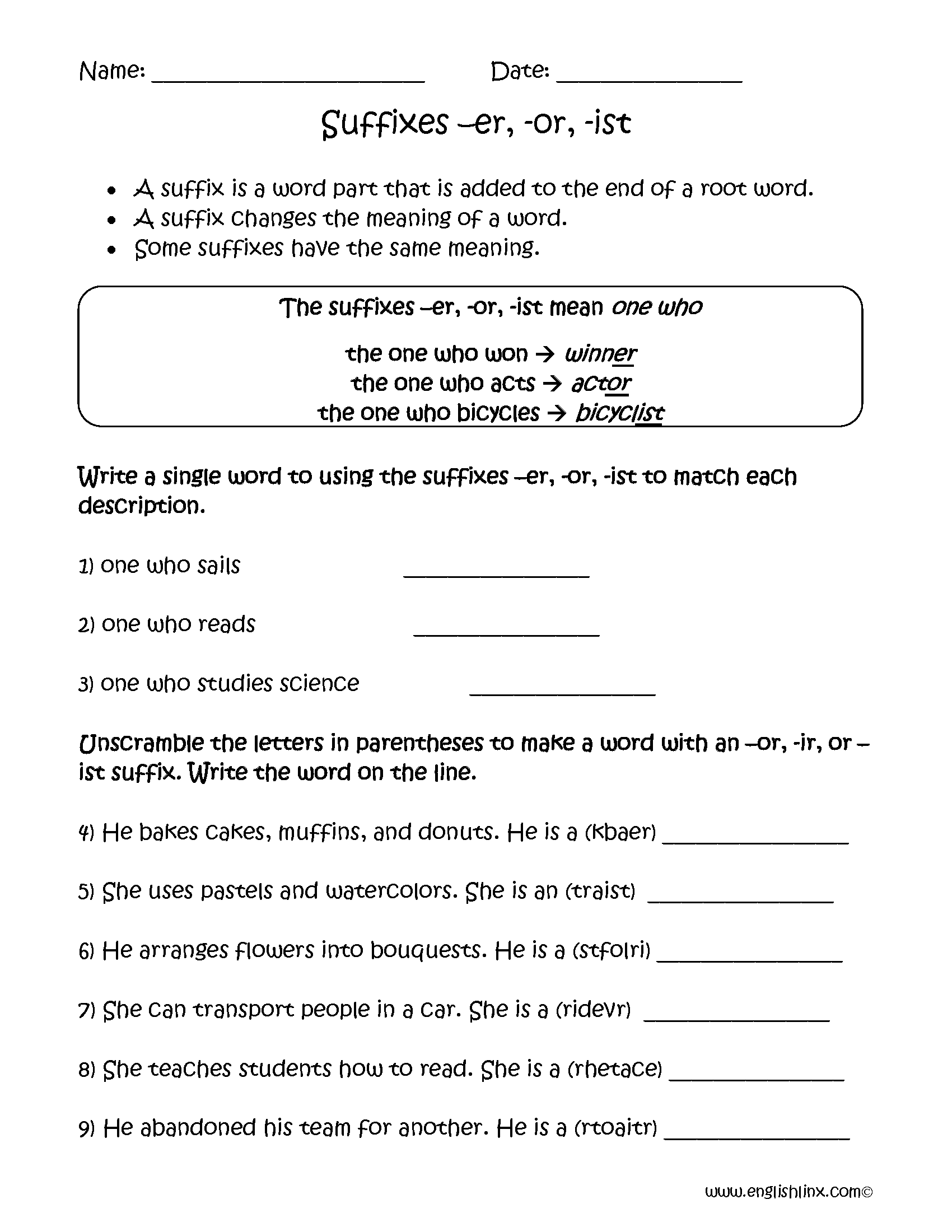 Suffixes Worksheets Suffixes Er And Ist Worksheets