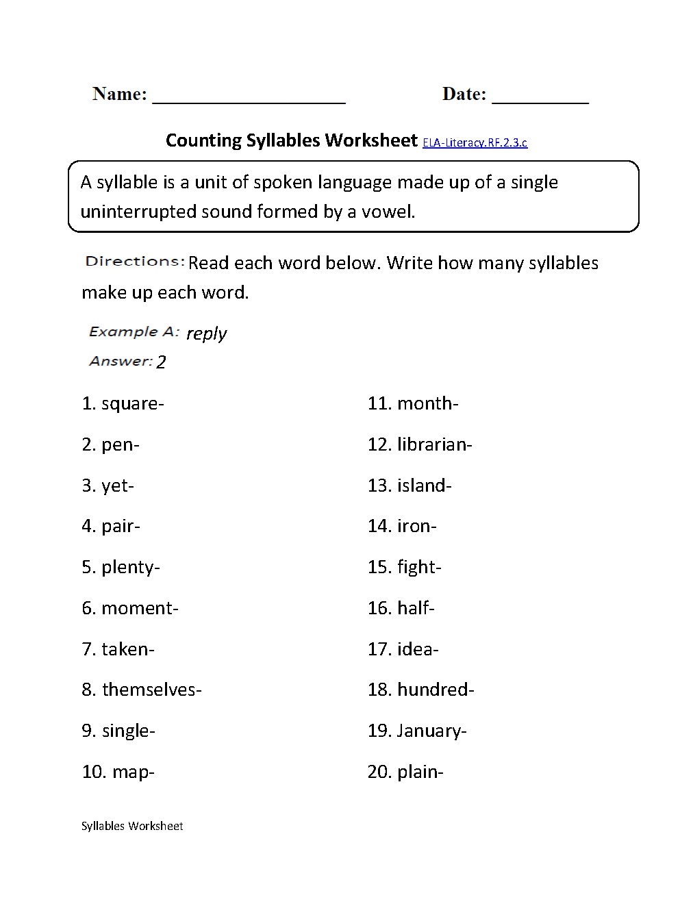 Counting Syllables Worksheet ELA-Literacy.RF.2.3c Reading Foundational Skills