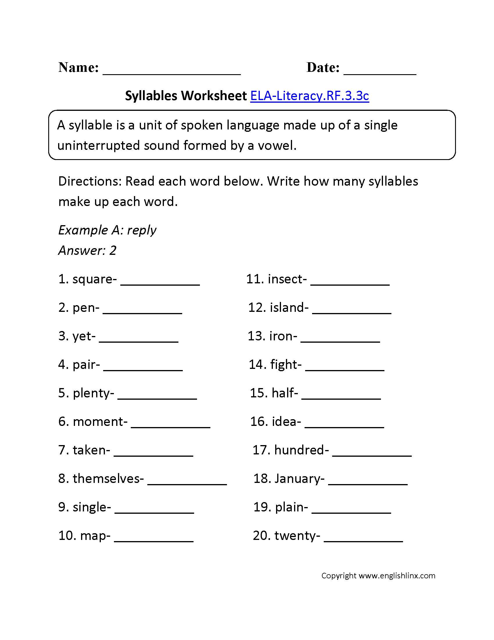 Syllables Worksheet 1 ELA-Literacy.RF.3.3c Reading Foundational Skills