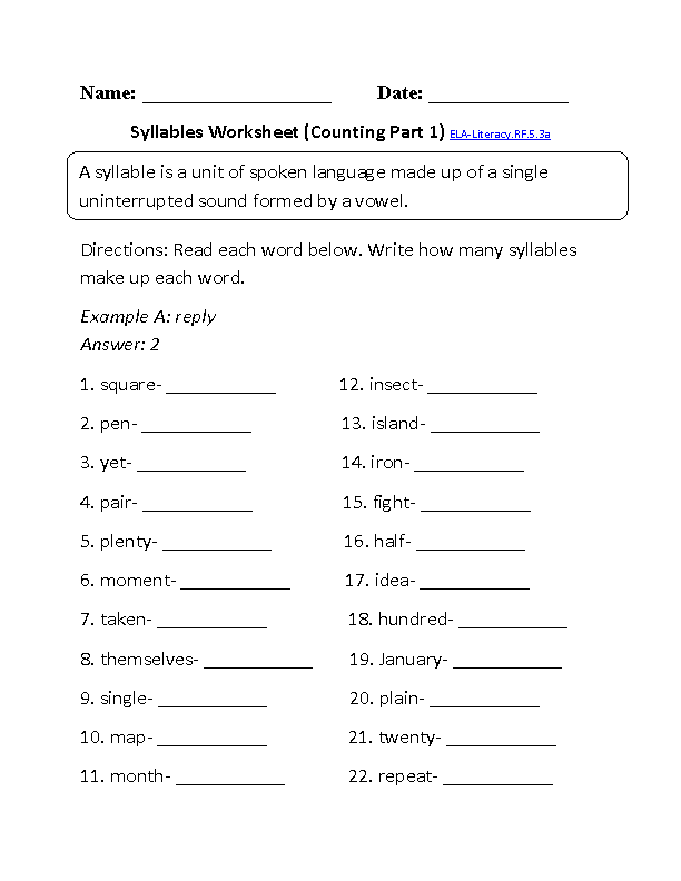 Syllables Counting Worksheet ELA-Literacy.RF.5.3a Reading Foundational Skills