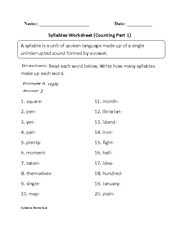 Counting Syllables Worksheet
