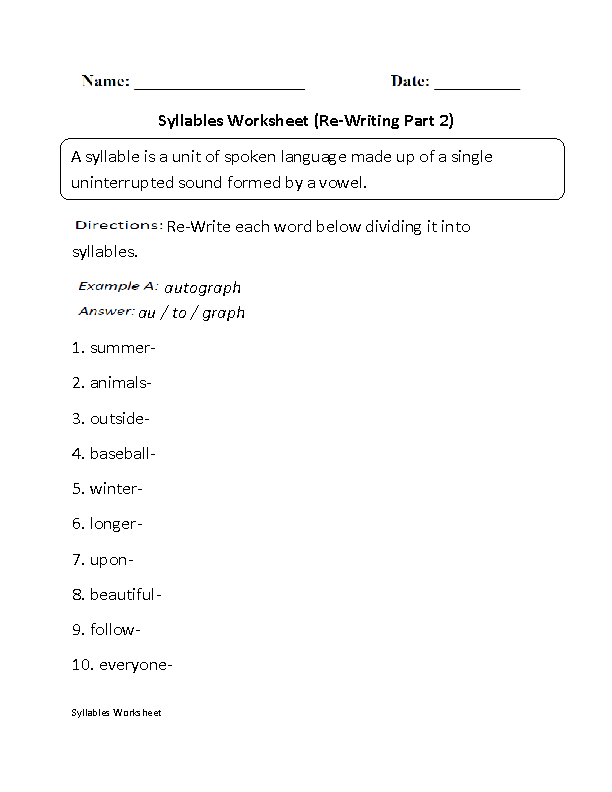 Re-Writing Syllables Worksheet Part 2