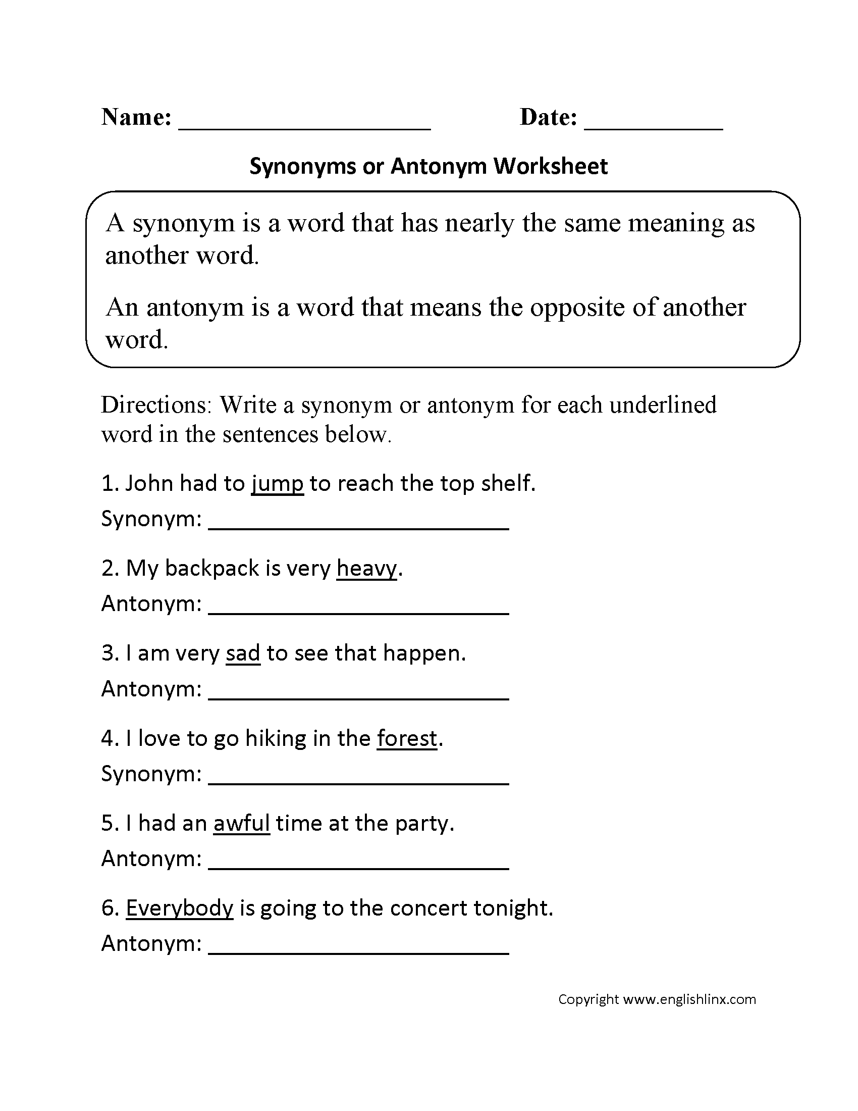 Synonym or Antonym Worksheet