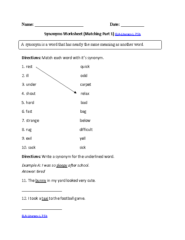 Synonyms Worksheet Matching ELA-Literacy.L.7.5b Language Worksheet
