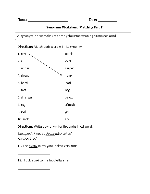 Matching Synonyms Worksheets Part 1