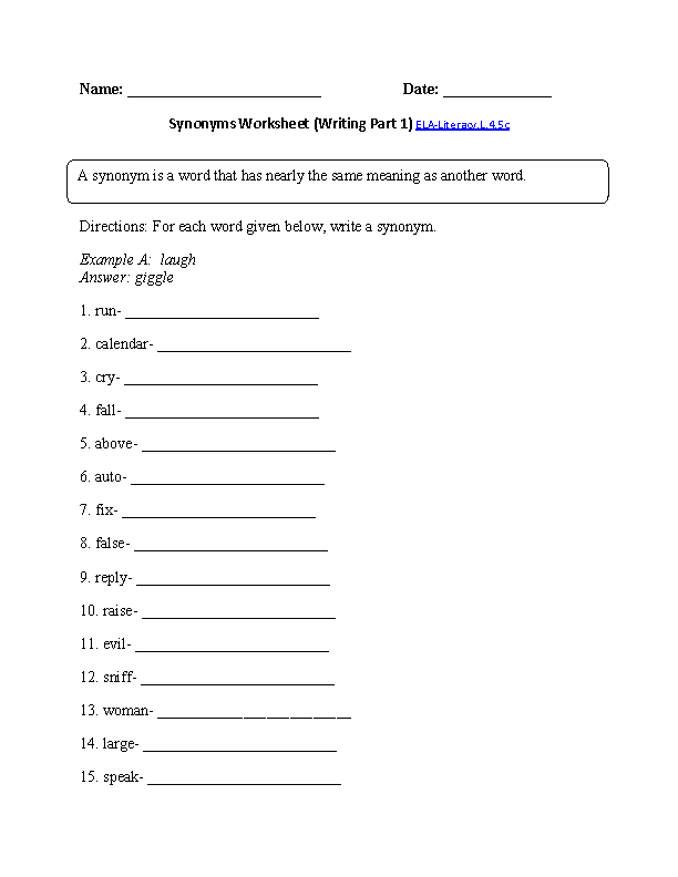 Synonyms Worksheet 1 ELA-Literacy.L.4.5c Language Worksheet
