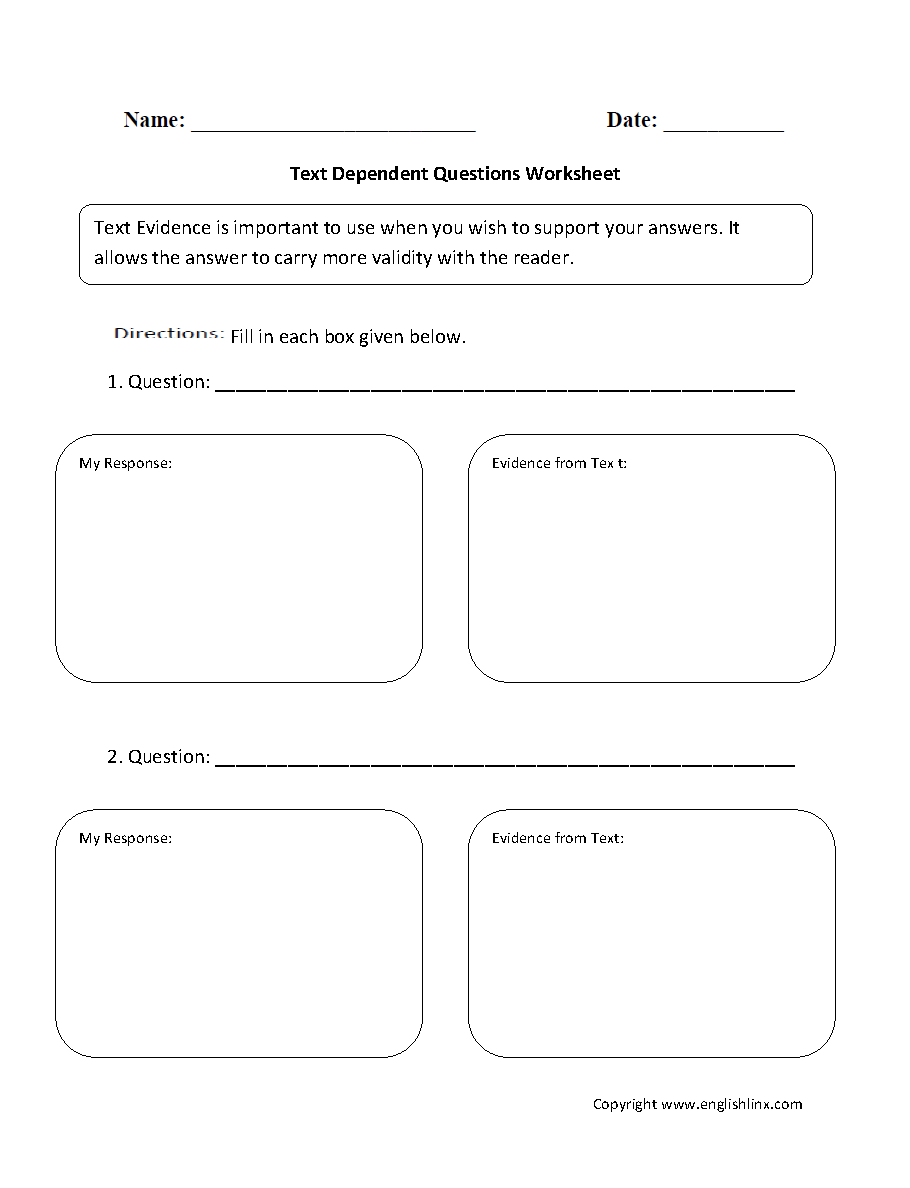 Text Dependent Questions Worksheet