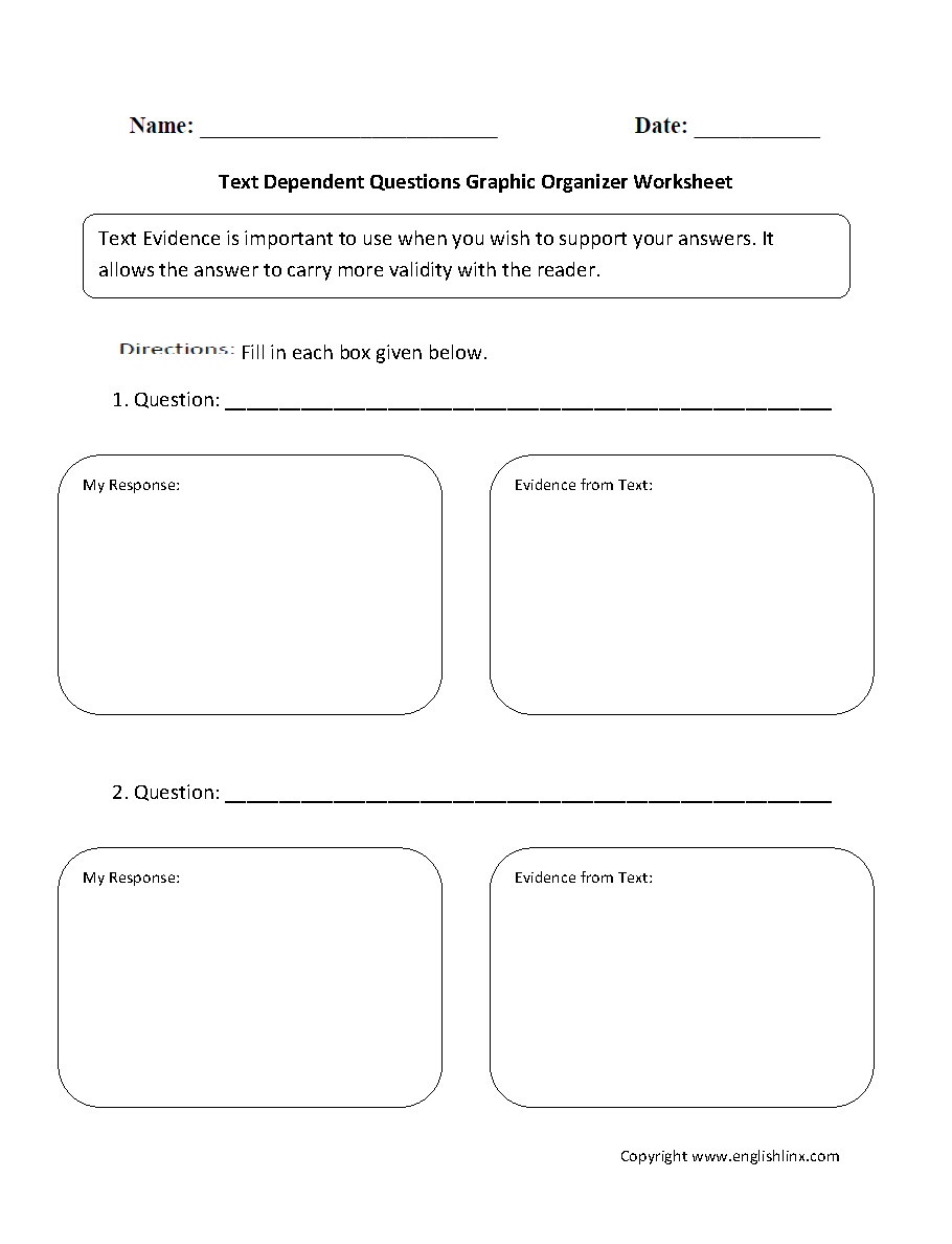 Text Dependent Questions Graphic Organizers Worksheet