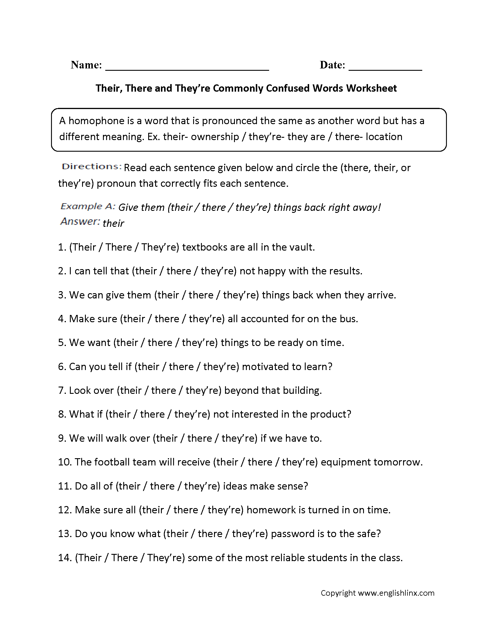 Their, There, They're Commonly Confused Words Worksheets