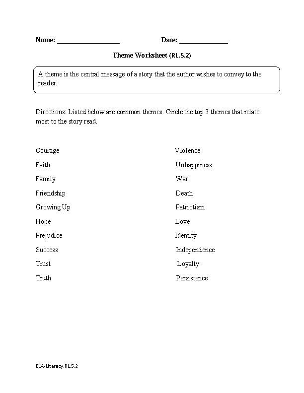 Theme ELA-Literacy.RL.5.2 Reading Literature Worksheet