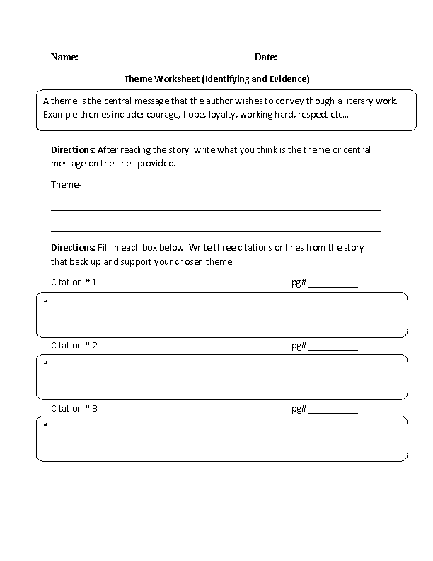 Theme Worksheet Identifying and Development