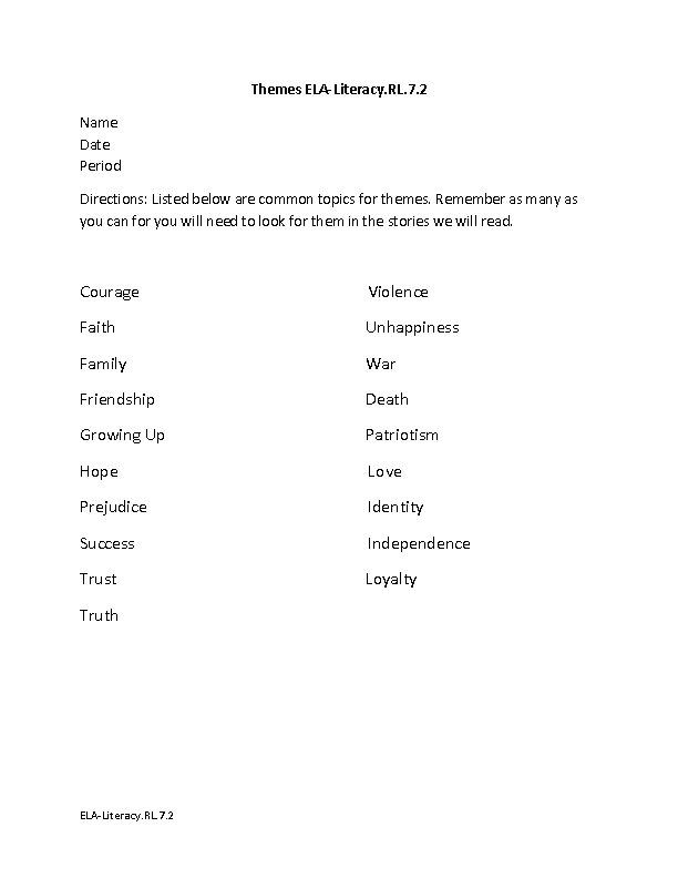 Themes ELA-Literacy.RL.7.2 Reading Literature Worksheet