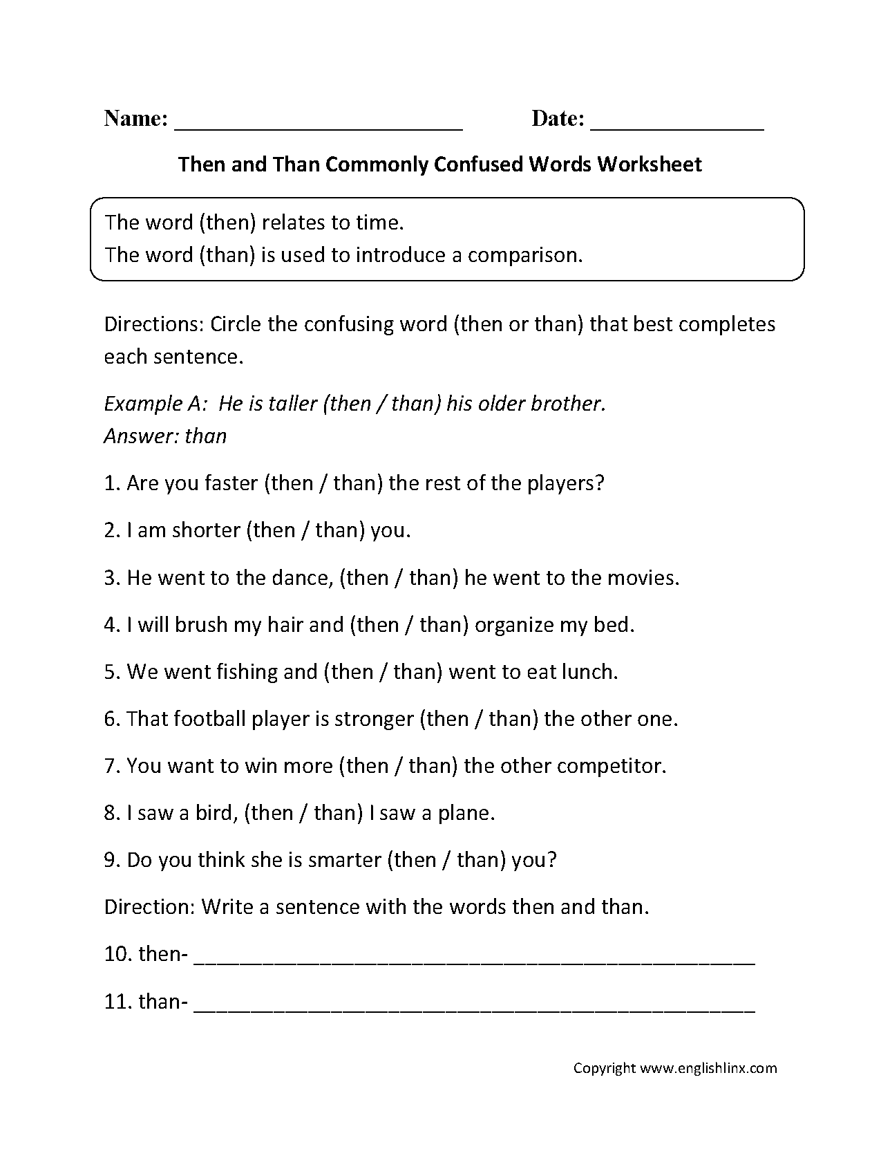 Then vs Than Commonly Confused Words Worksheets
