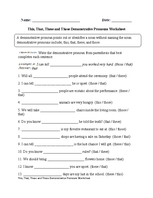 Demonstrative Pronouns Worksheet