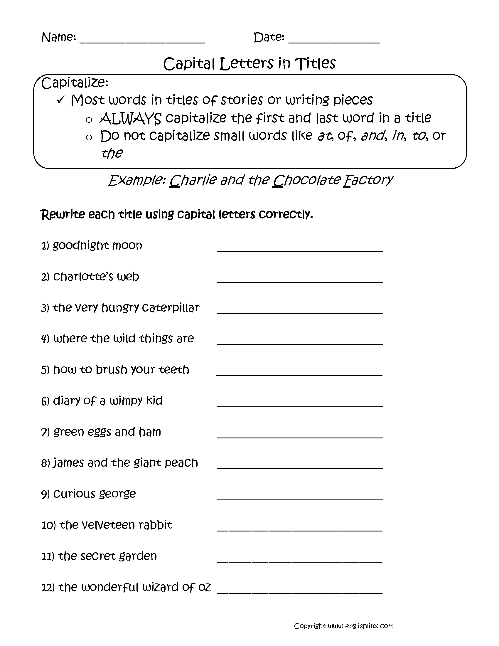 Titles Capitalization Worksheets