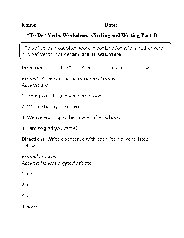 Be Verbs Worksheet Grade 1