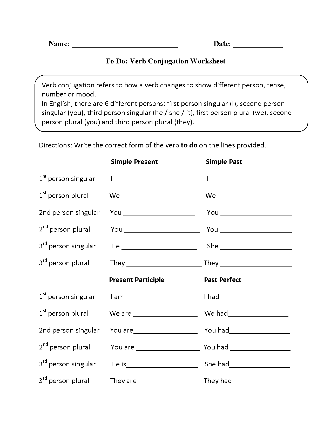 To Do Verb Conjugation Worksheets