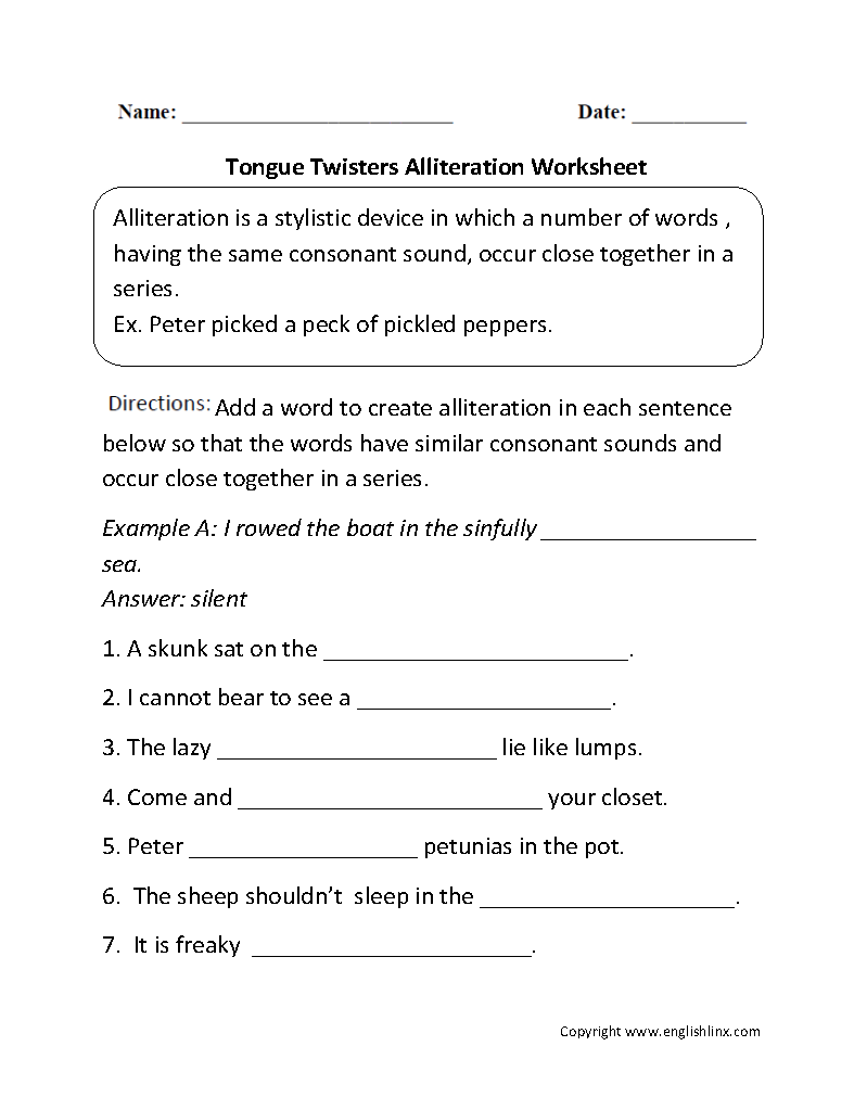Tongue Twisters Alliteration Worksheets