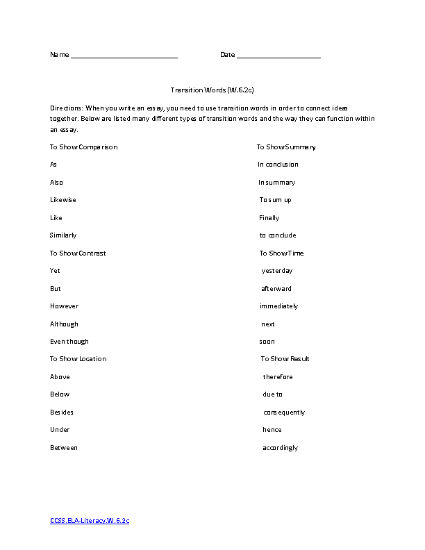 Transition Words For 6th Graders