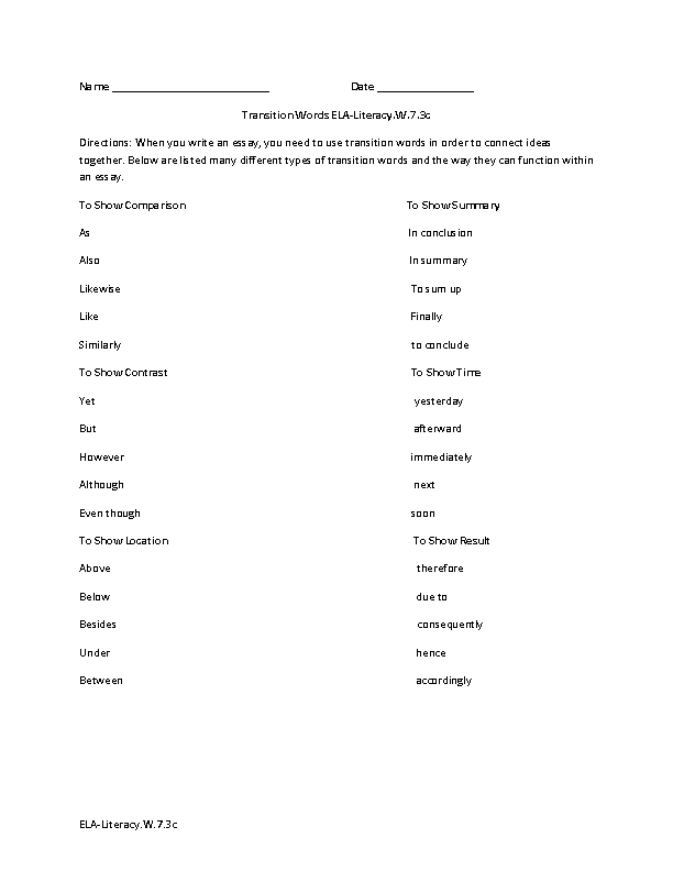 Transition Words ELA-Literacy.W.7.3c  Writing Worksheet
