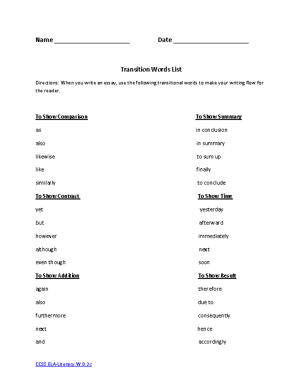 Transition Words List ELA-Literacy.W.8.2c.pdf Writing Worksheet