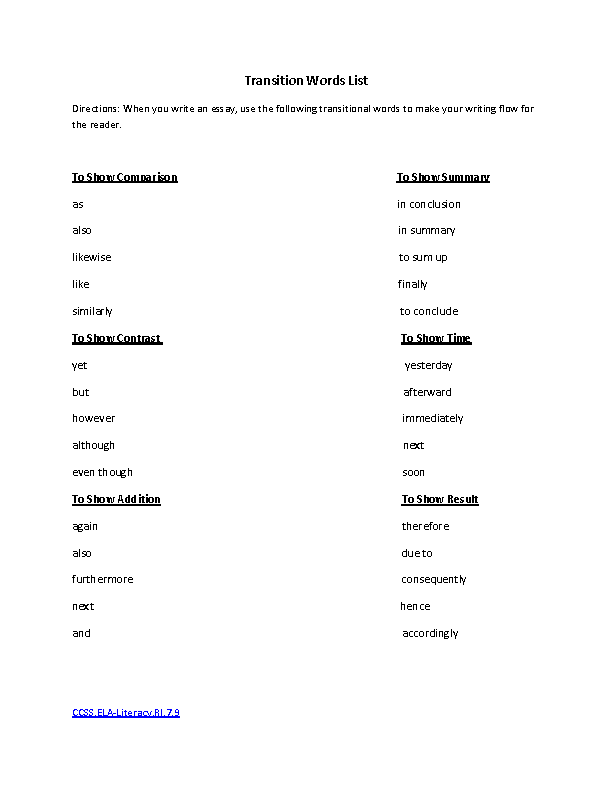 Transition Words List ELA-Literacy.W.7.3c  Writing Worksheet