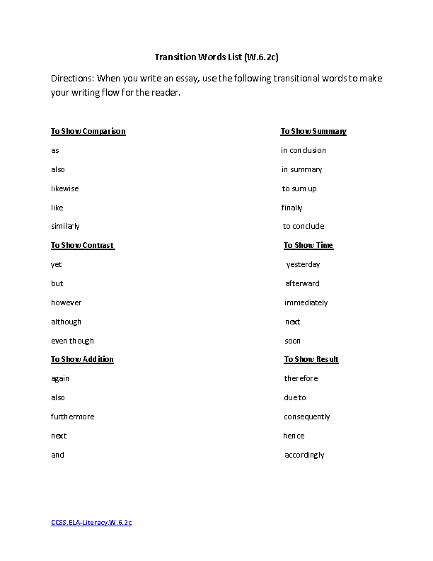 List of transition words for descriptive essays