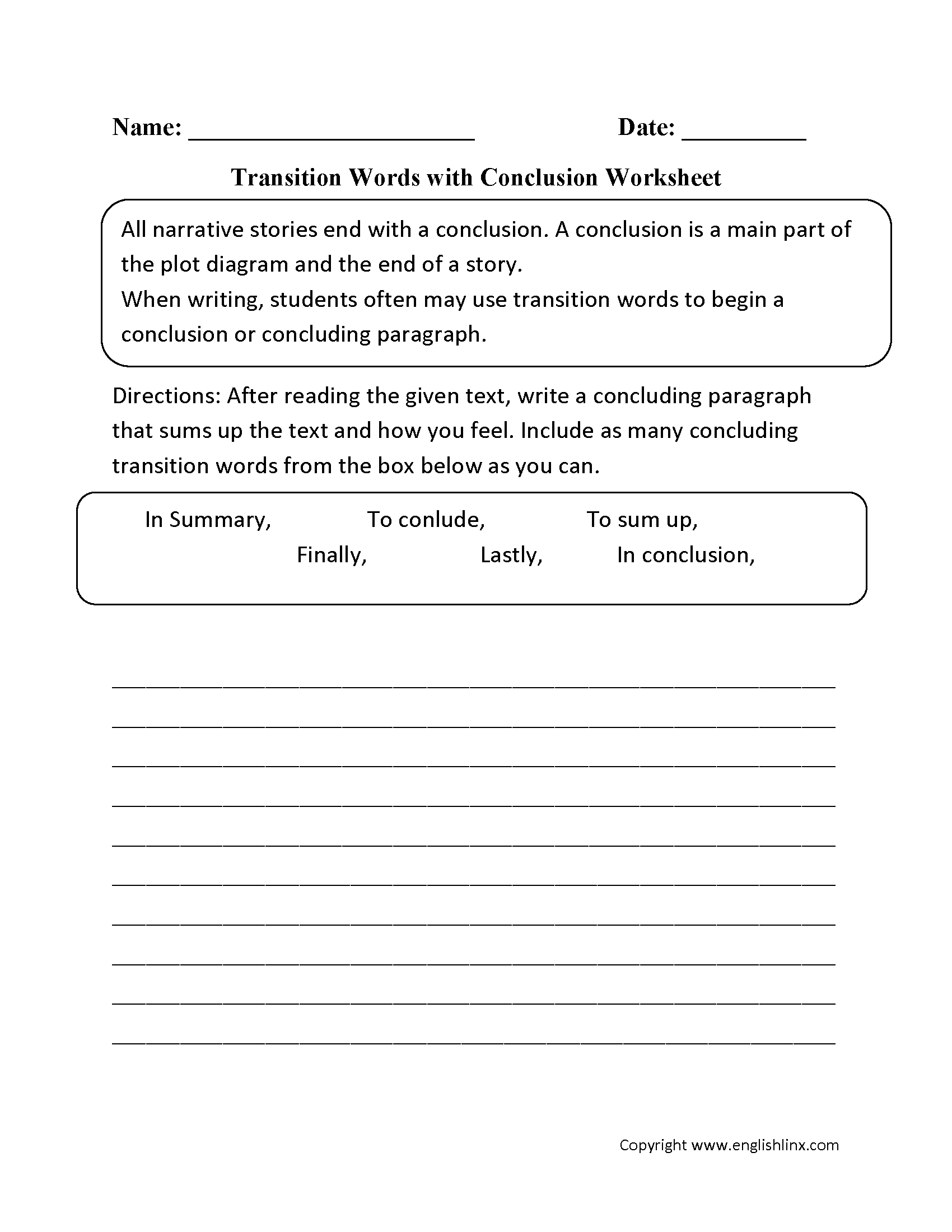 Transition Words with Conclusion Worksheet