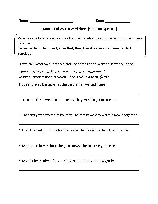 Transitional Words Sequencing Worksheet Part 1