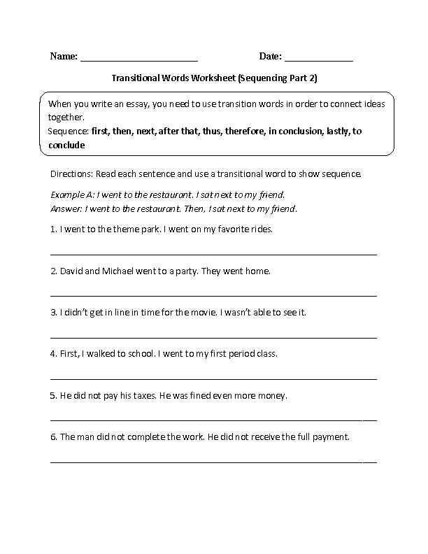 Transitional Words Sequencing Worksheet Part 2