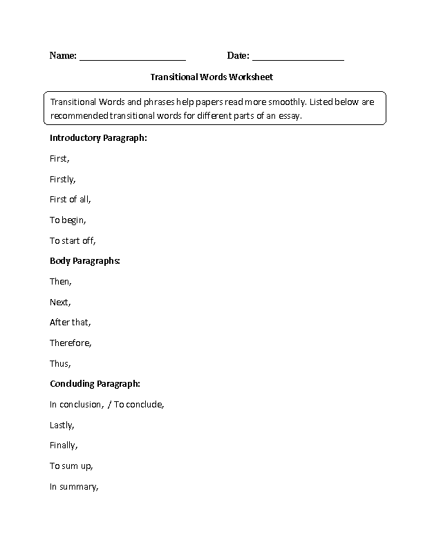 List of transition words for descriptive essays