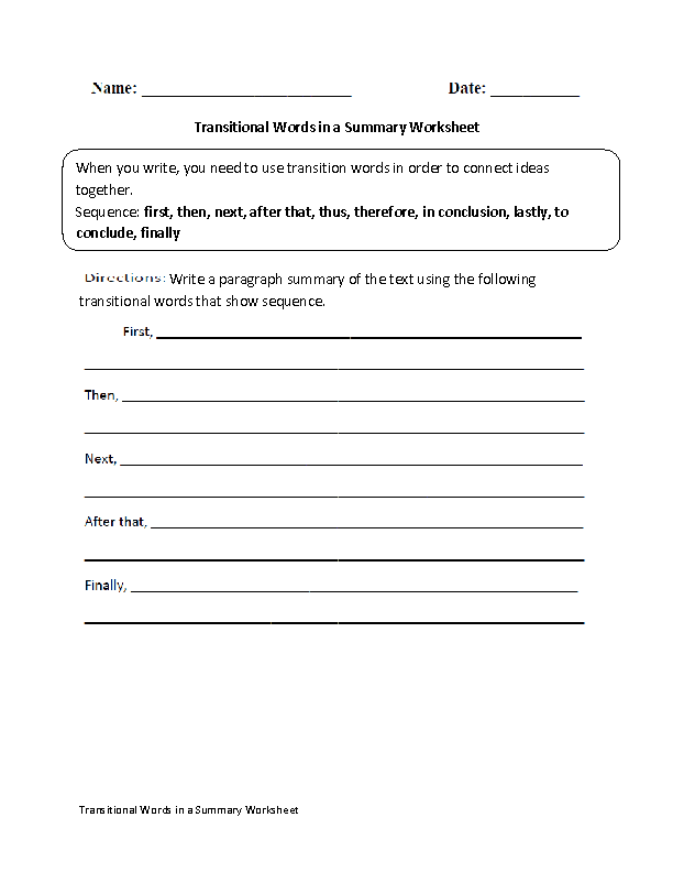 Transition words worksheets for high school