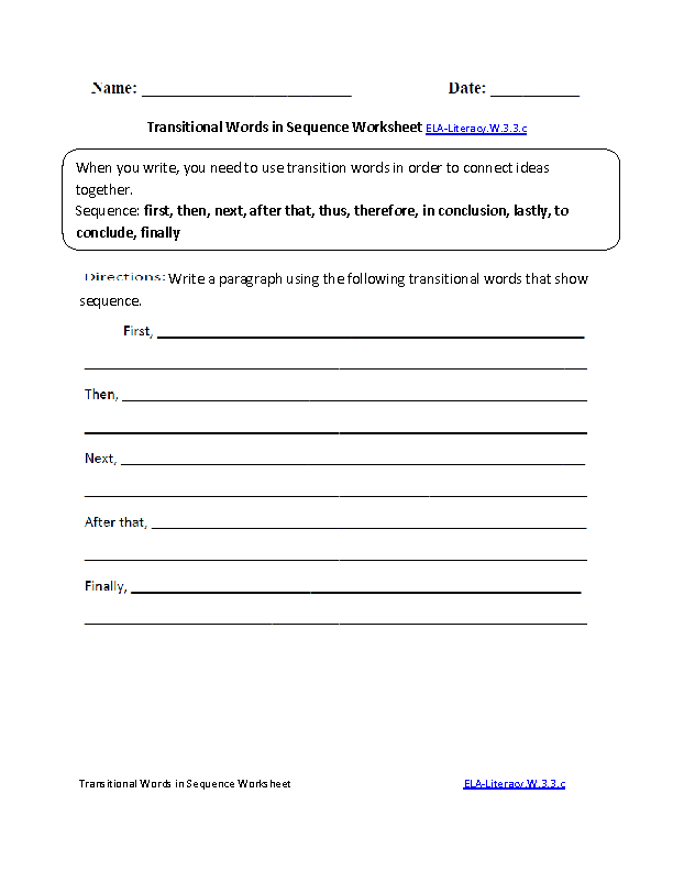 Temporal Words Worksheet ELA-Literacy.W.3.3c Writing Worksheet