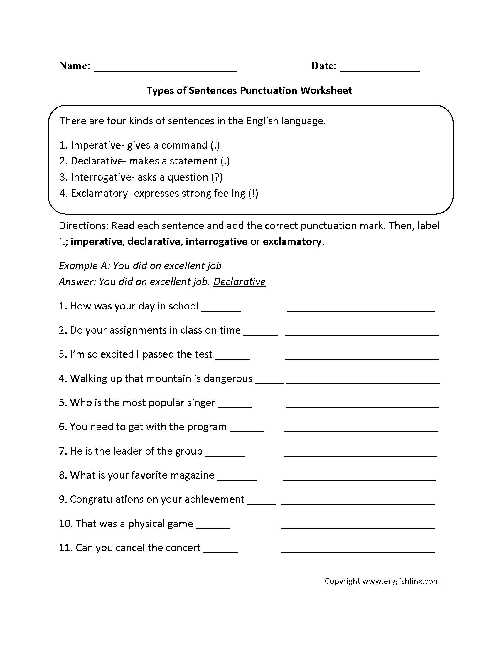 Types Of Sentences Worksheets Types Of Sentences With Punctuation Worksheet