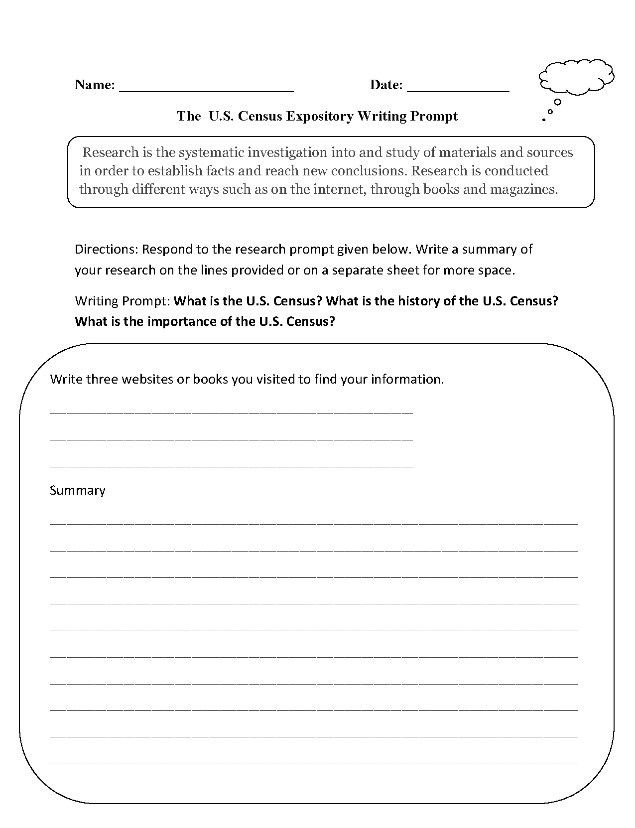 U.S. Census Expository Writing Prompt Worksheet