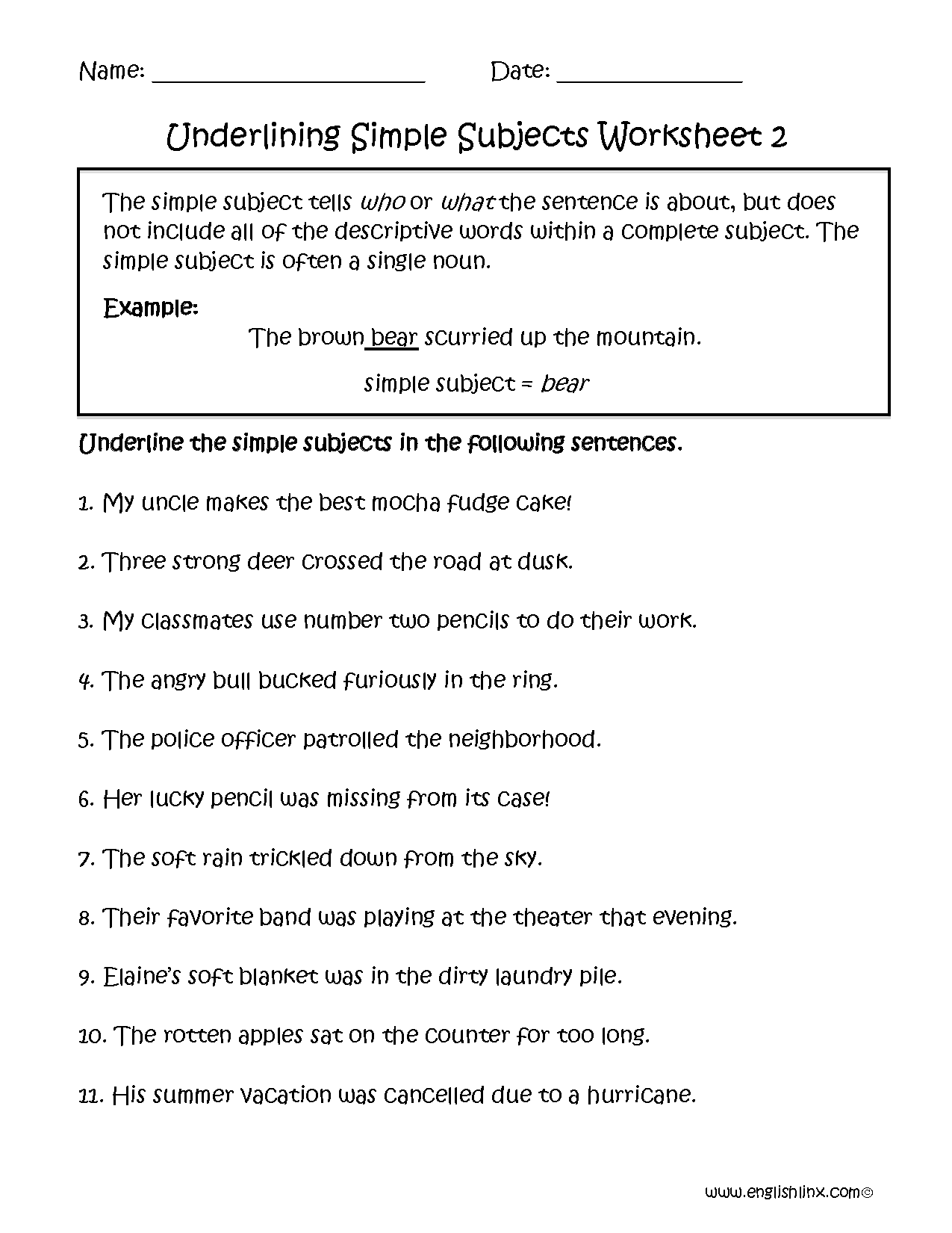 Subject and Predicate Worksheets | Underlining Simple Subject Worksheet