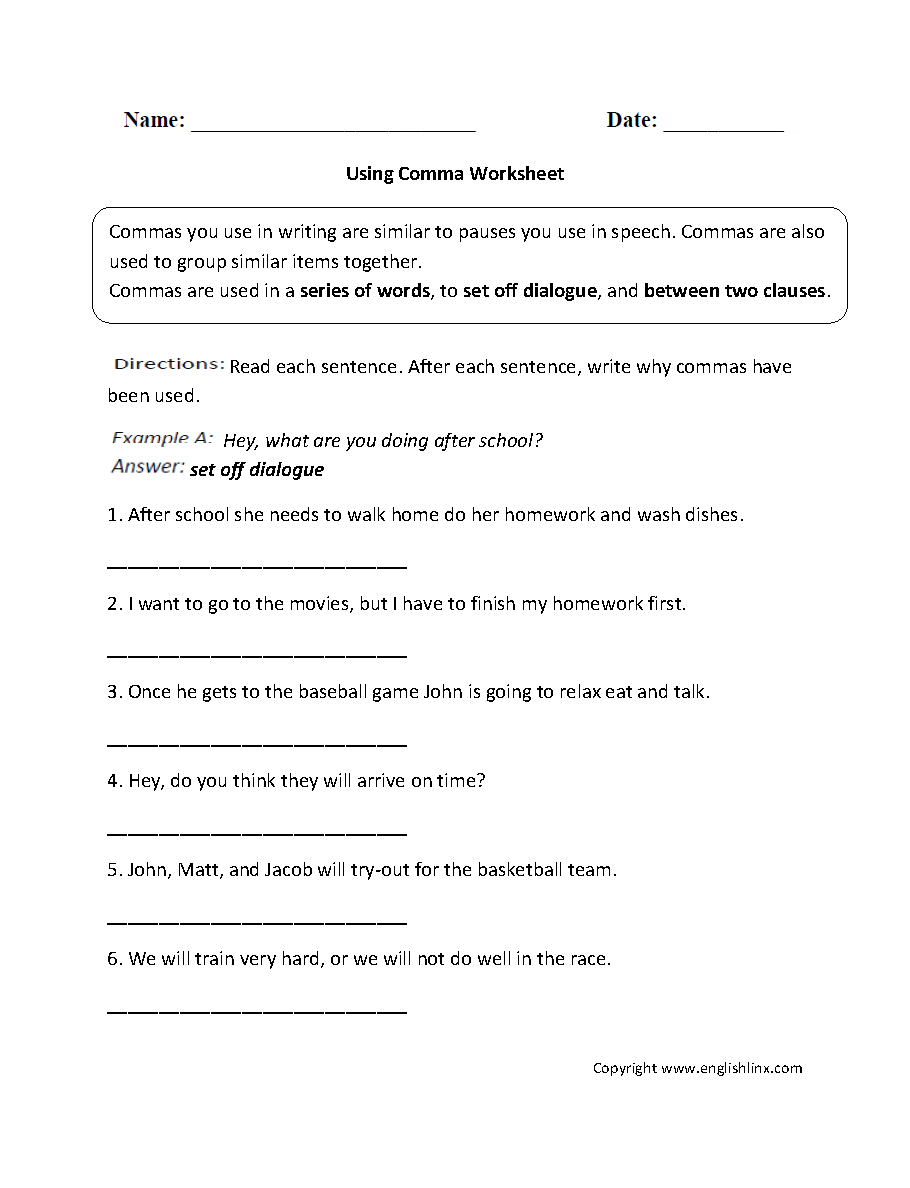 Comma Worksheets