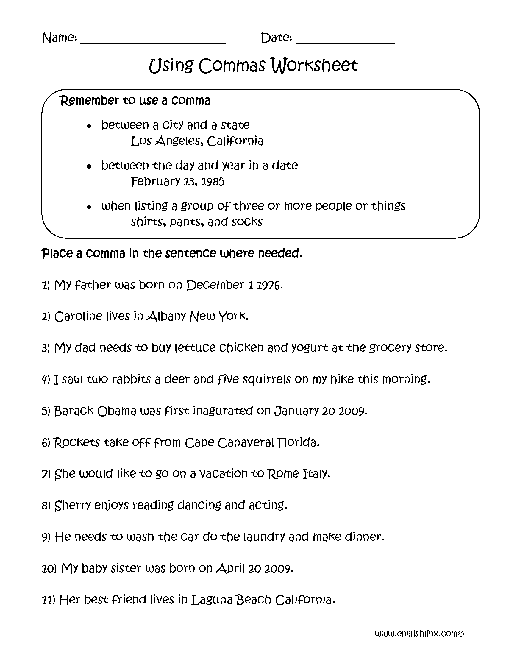 Commas Worksheets