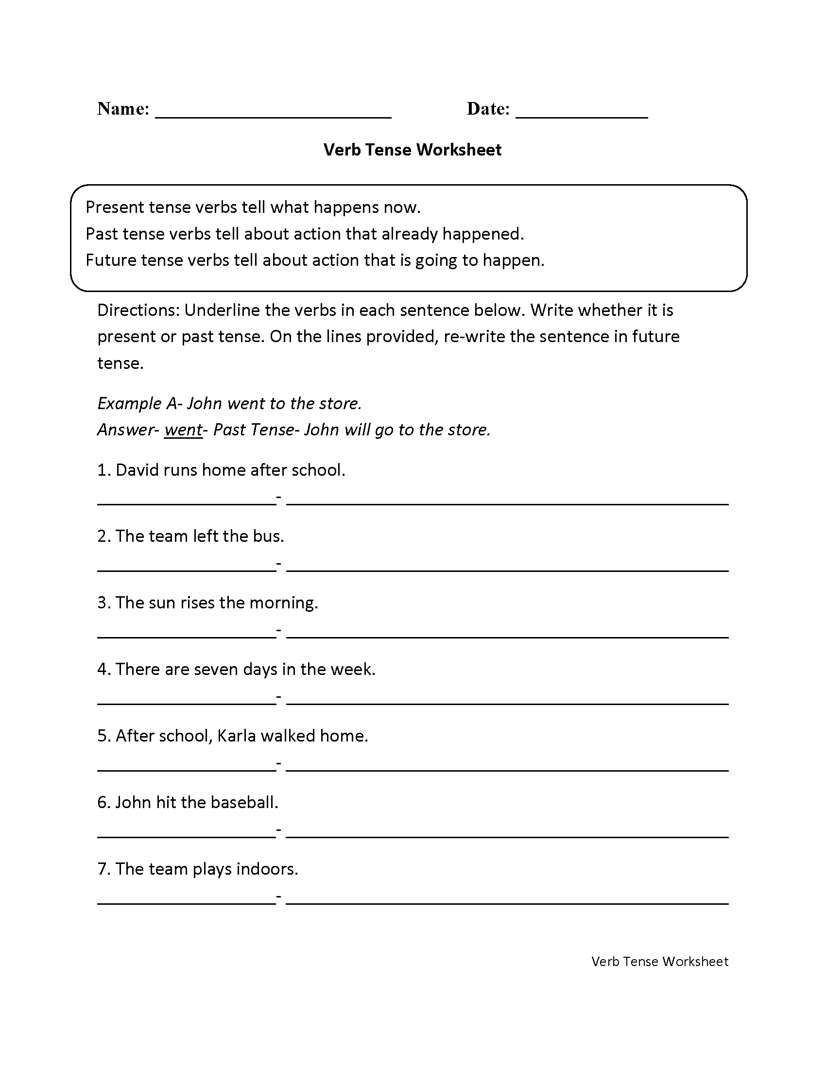 Verb Tense Worksheet Answers For Grade 5