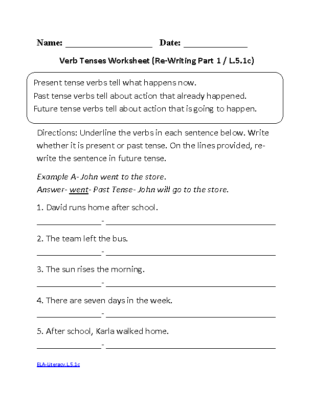 Verb Tenses ELA-Literacy.L.5.1c Language Worksheet