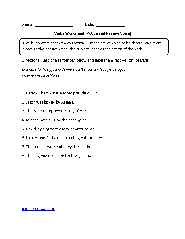 Verbs Active and Passive CCSS.ELA Literacy.L.8.1b Language Worksheet