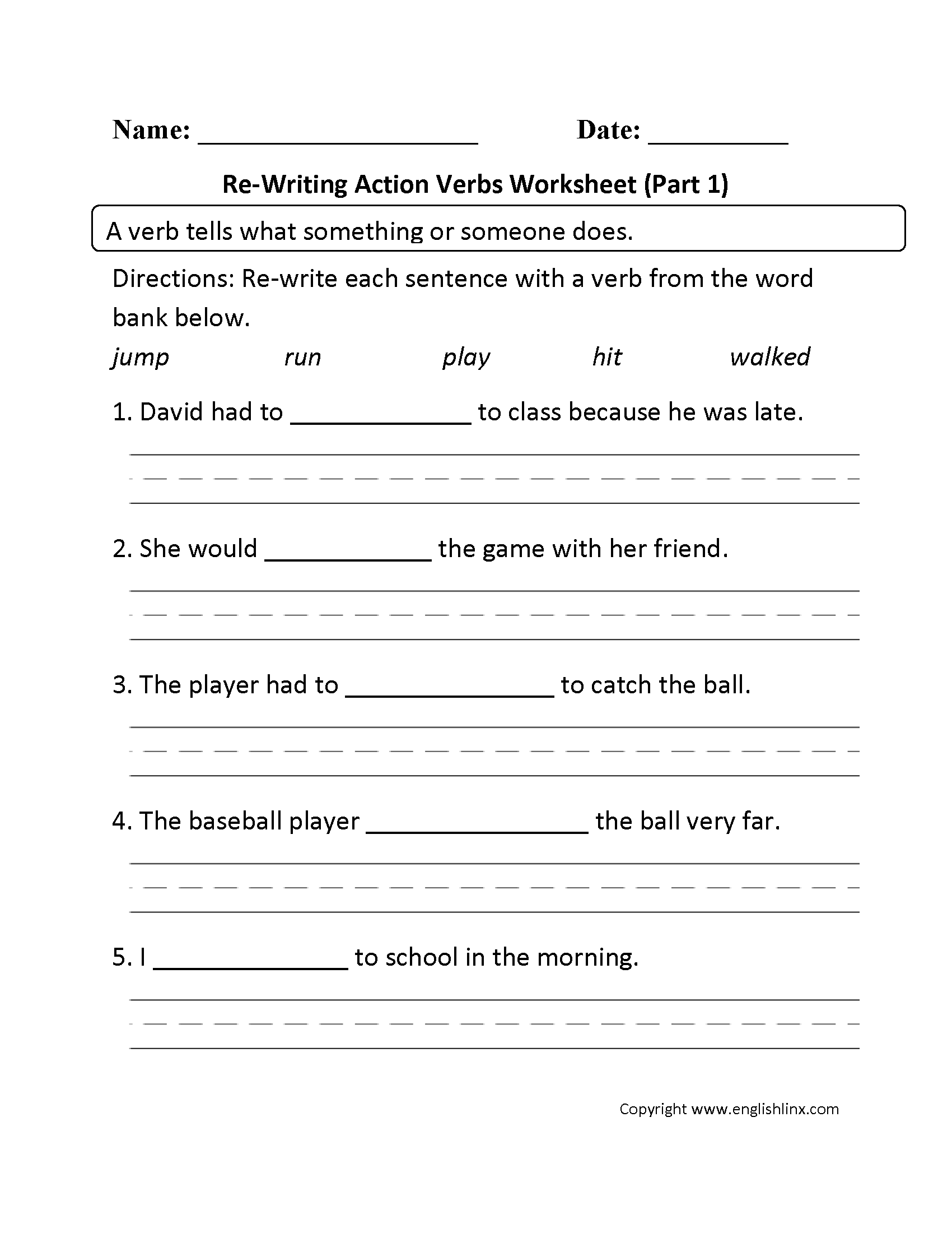 Action Verb Worksheet 2nd Grade