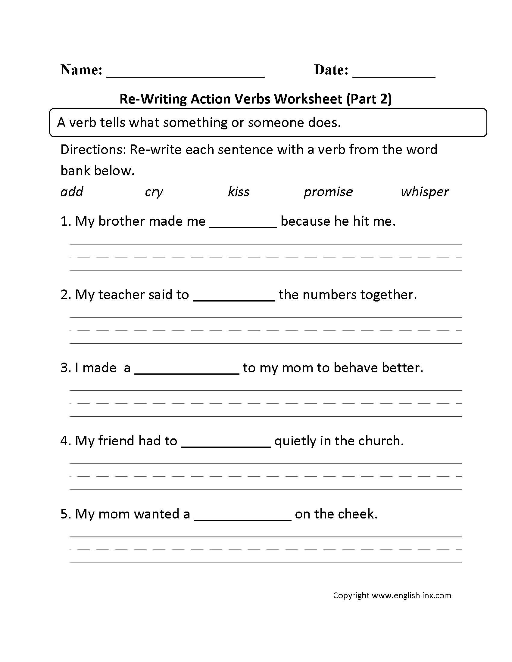 Re-Writing Action Verbs Worksheet Part 2