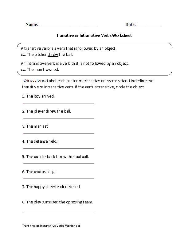 Transitive or Intransitive Action Verbs Worksheet