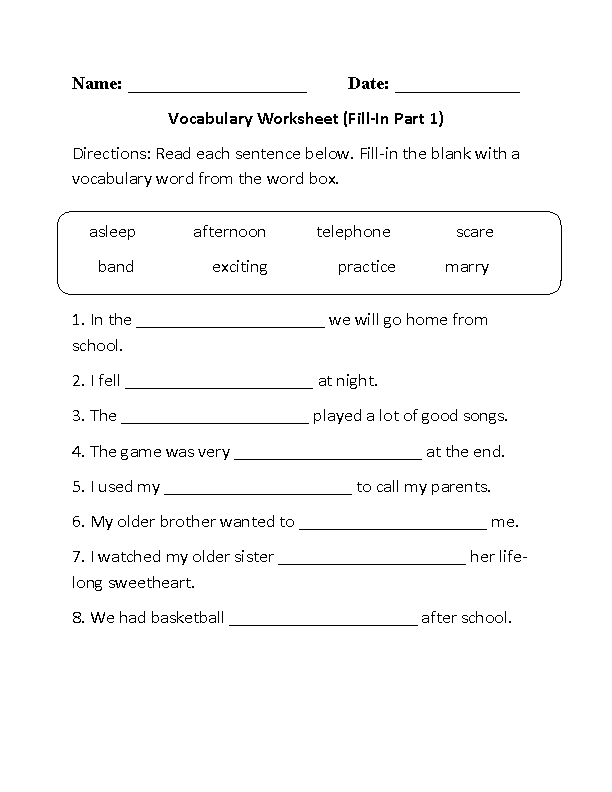 Vocabulary Worksheets Fill In Vocabulary Worksheets Part 1