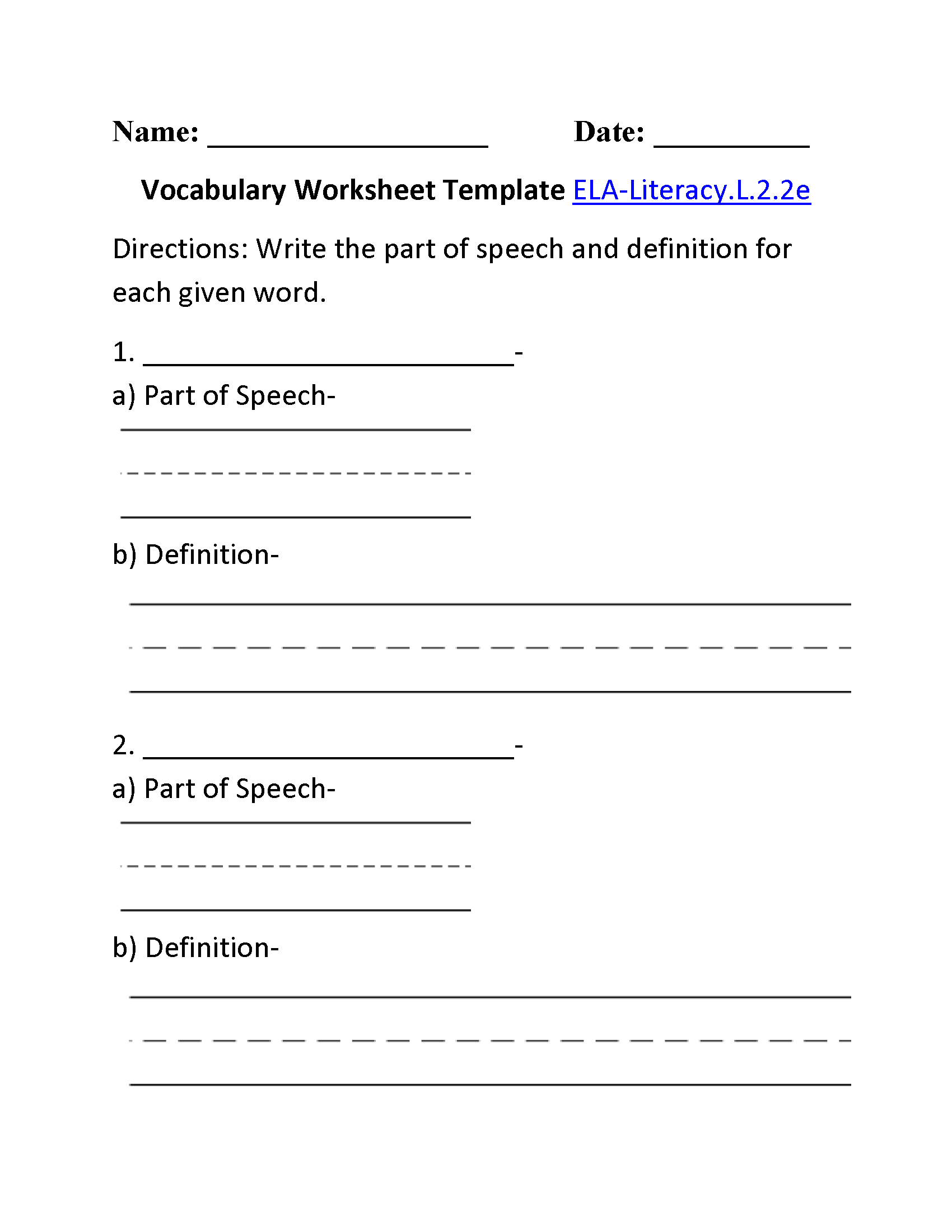 Vocabulary Template 2 ELA-Literacy.L.2.2e Language Worksheet