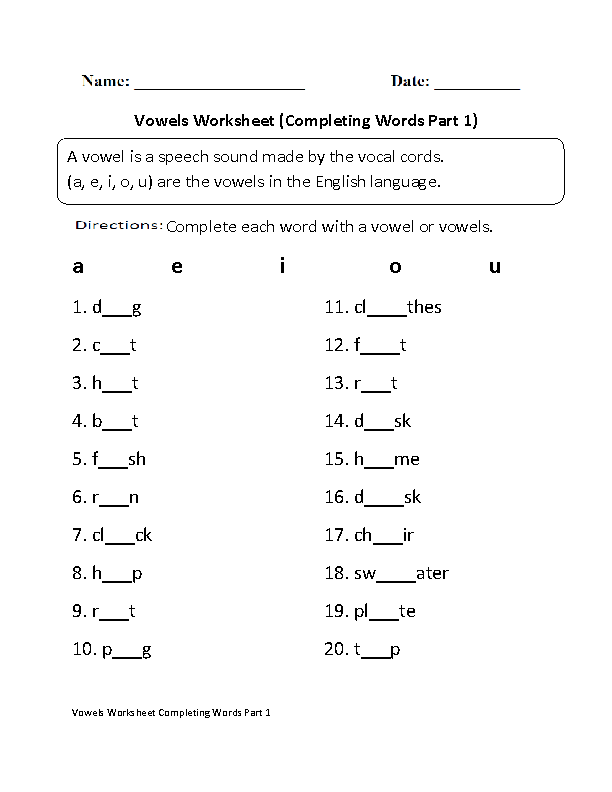 Completing Words Vowels Worksheet Part 1