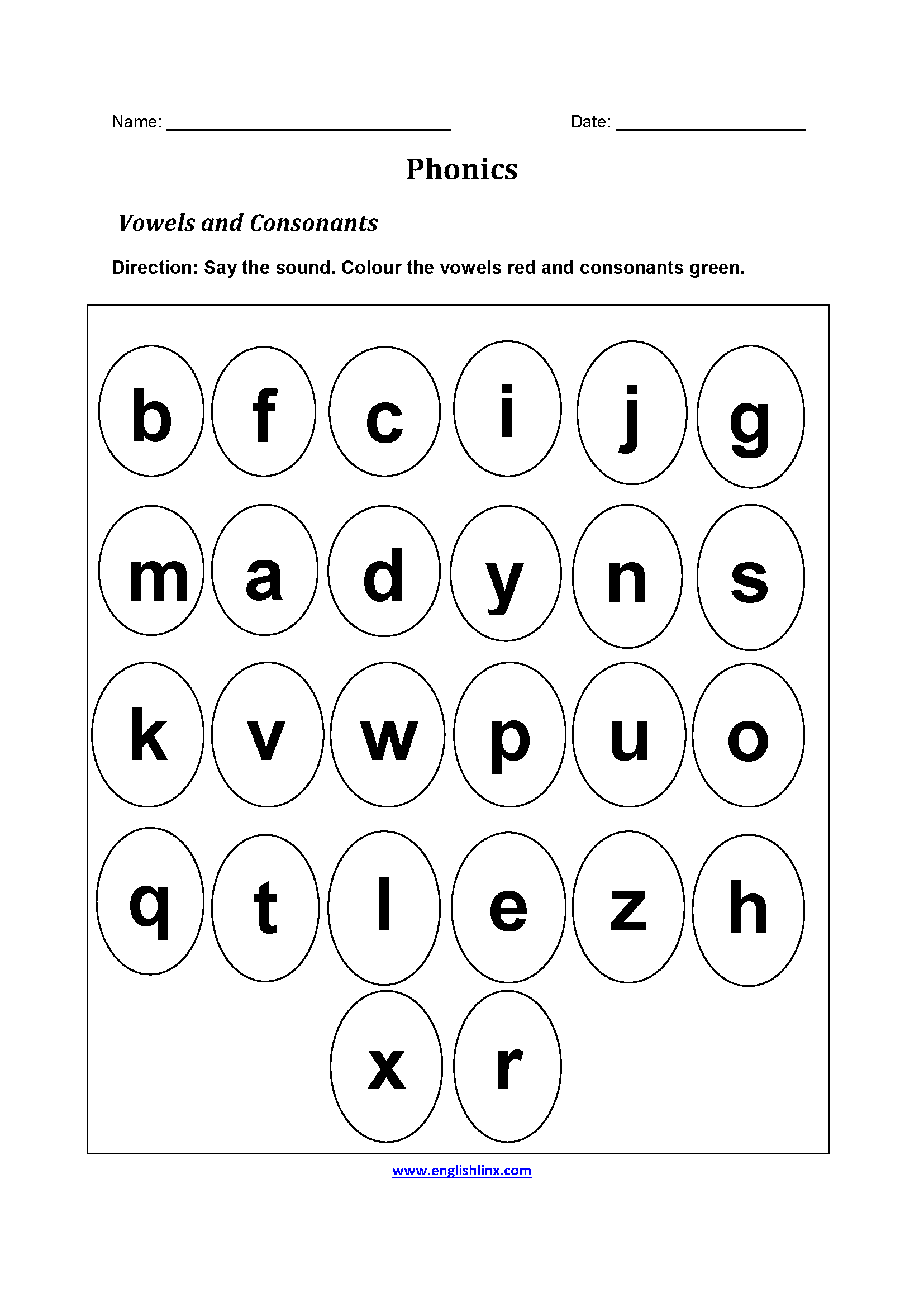 Vowels and Consonants Phonics Worksheets